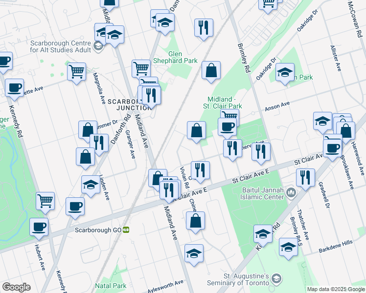 map of restaurants, bars, coffee shops, grocery stores, and more near 26 Gleneita Street in Toronto