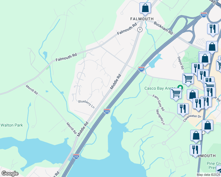 map of restaurants, bars, coffee shops, grocery stores, and more near 170 State Route 9 in Falmouth