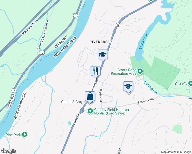 map of restaurants, bars, coffee shops, grocery stores, and more near 54 Lyme Road in Hanover