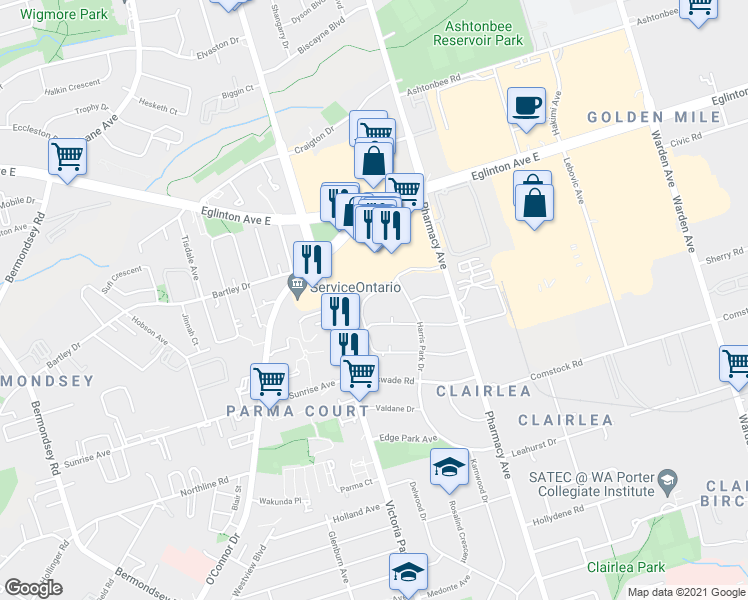 map of restaurants, bars, coffee shops, grocery stores, and more near in Toronto