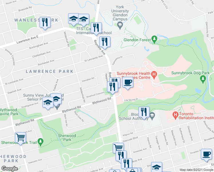 map of restaurants, bars, coffee shops, grocery stores, and more near 10 Hargrave Lane in Toronto