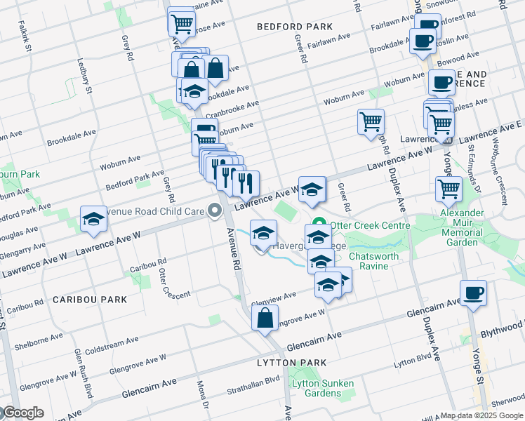 map of restaurants, bars, coffee shops, grocery stores, and more near 485 Rosewell Avenue in Toronto