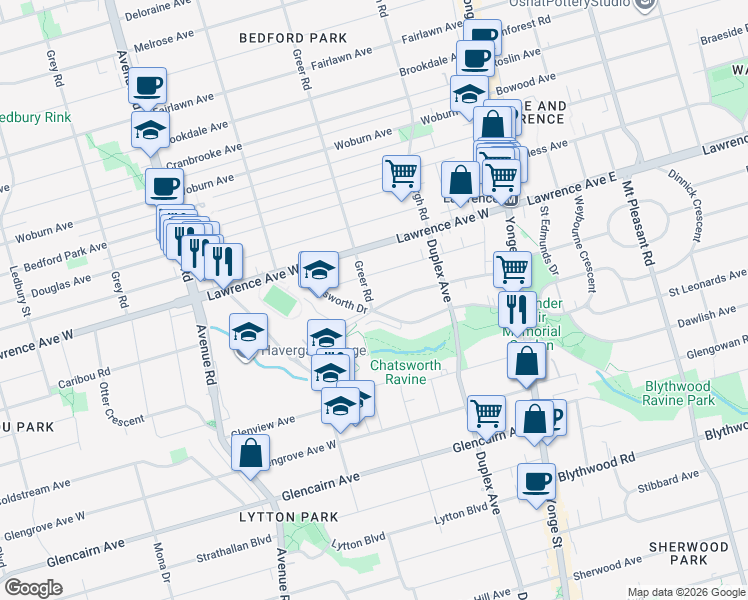 map of restaurants, bars, coffee shops, grocery stores, and more near in Toronto