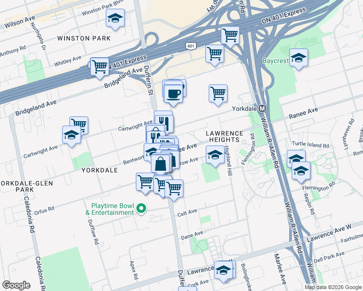 map of restaurants, bars, coffee shops, grocery stores, and more near in Toronto