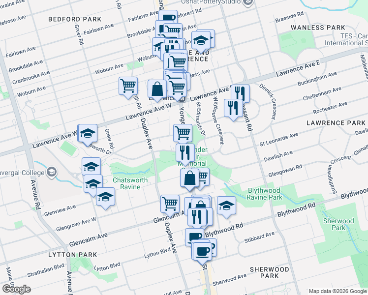 map of restaurants, bars, coffee shops, grocery stores, and more near 2928 Yonge Street in Toronto