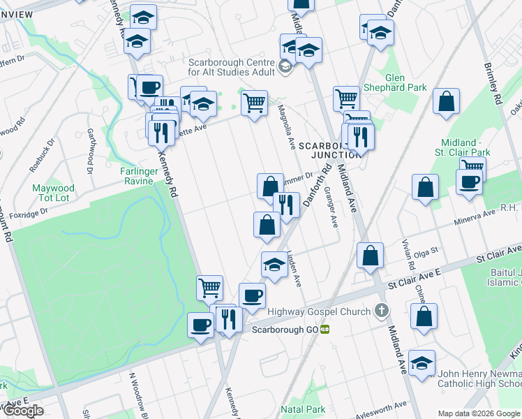 map of restaurants, bars, coffee shops, grocery stores, and more near 83 Brenda Crescent in Toronto