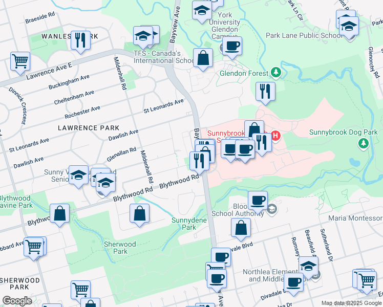 map of restaurants, bars, coffee shops, grocery stores, and more near 10 Hargrave Lane in Toronto