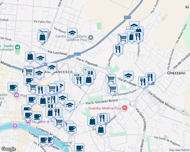 map of restaurants, bars, coffee shops, grocery stores, and more near 27c Via Angelo Battelli in Pisa