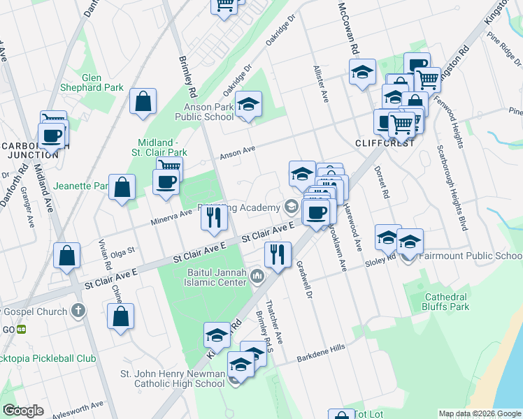 map of restaurants, bars, coffee shops, grocery stores, and more near in Toronto