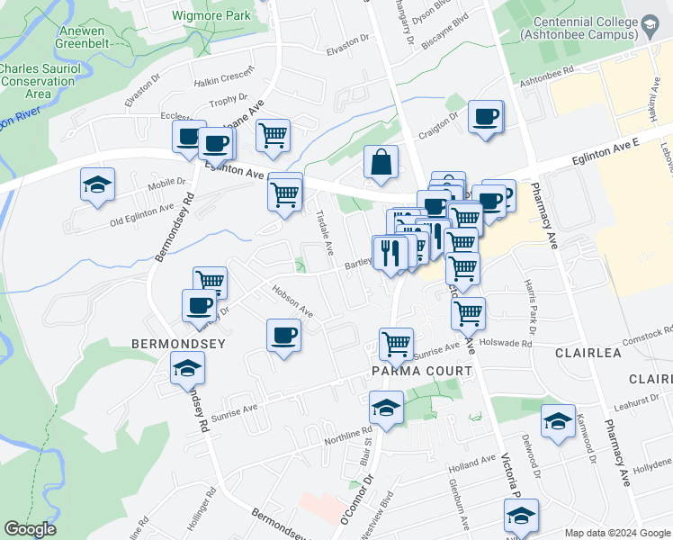 map of restaurants, bars, coffee shops, grocery stores, and more near in Toronto
