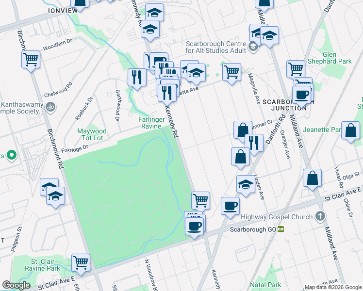 map of restaurants, bars, coffee shops, grocery stores, and more near 565 Kennedy Road in Toronto