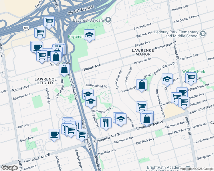 map of restaurants, bars, coffee shops, grocery stores, and more near in Toronto