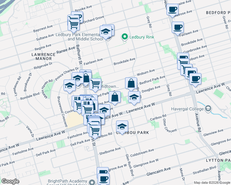 map of restaurants, bars, coffee shops, grocery stores, and more near 585 Bedford Park Avenue in Toronto