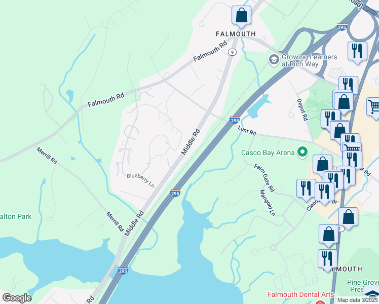 map of restaurants, bars, coffee shops, grocery stores, and more near 170 State Route 9 in Falmouth