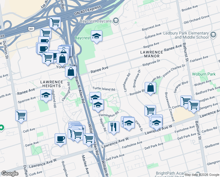 map of restaurants, bars, coffee shops, grocery stores, and more near in Toronto