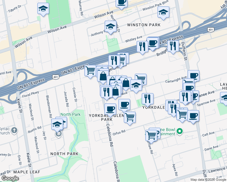 map of restaurants, bars, coffee shops, grocery stores, and more near 130 Cartwright Avenue in Toronto