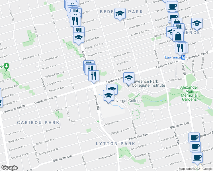 map of restaurants, bars, coffee shops, grocery stores, and more near 515 Rosewell Avenue in Toronto