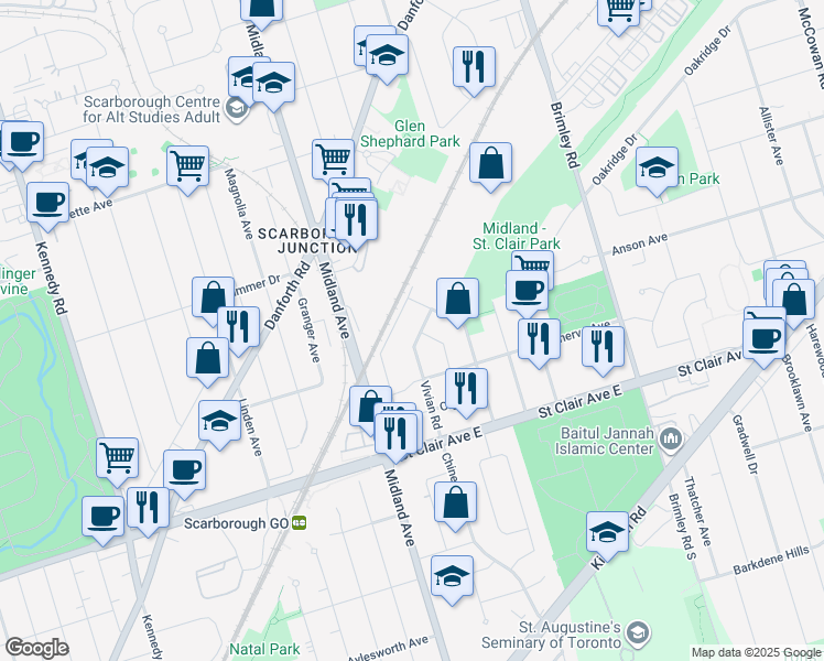 map of restaurants, bars, coffee shops, grocery stores, and more near 72 Vivian Road in Toronto