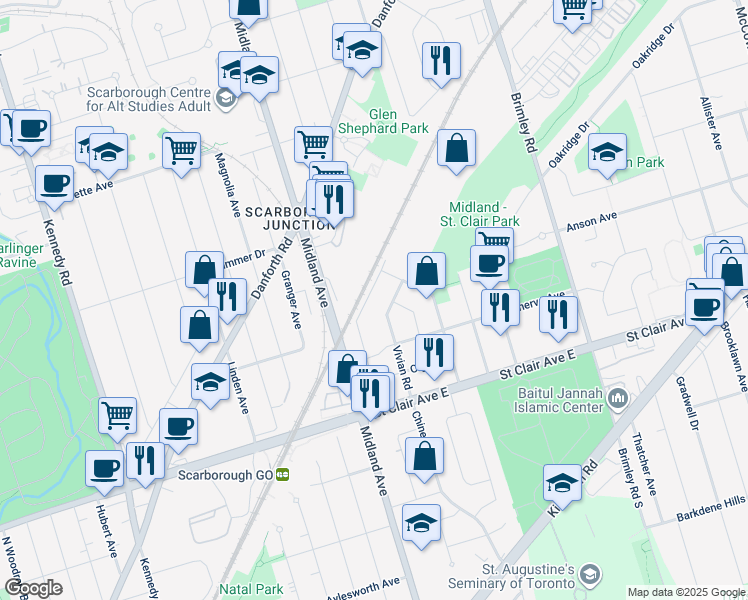 map of restaurants, bars, coffee shops, grocery stores, and more near 89 National Street in Toronto