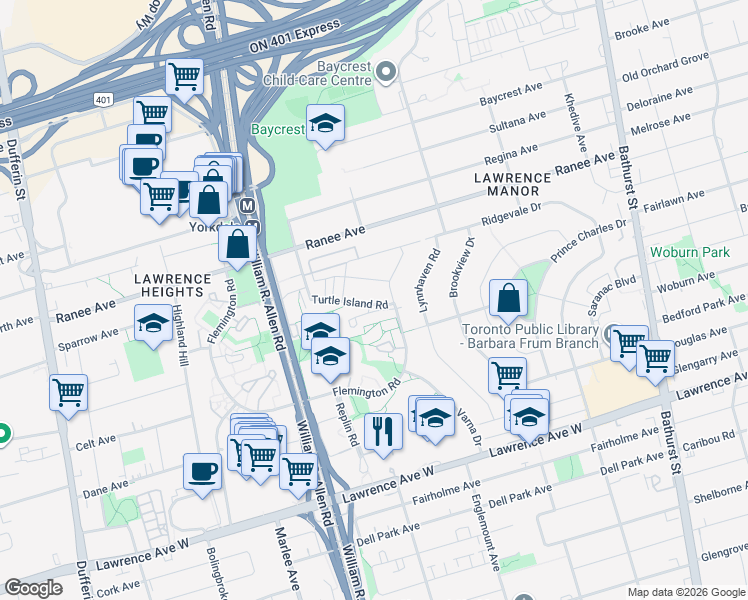 map of restaurants, bars, coffee shops, grocery stores, and more near 28 Turtle Island Road in Toronto