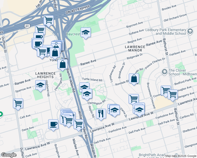 map of restaurants, bars, coffee shops, grocery stores, and more near 28 Turtle Island Road in Toronto