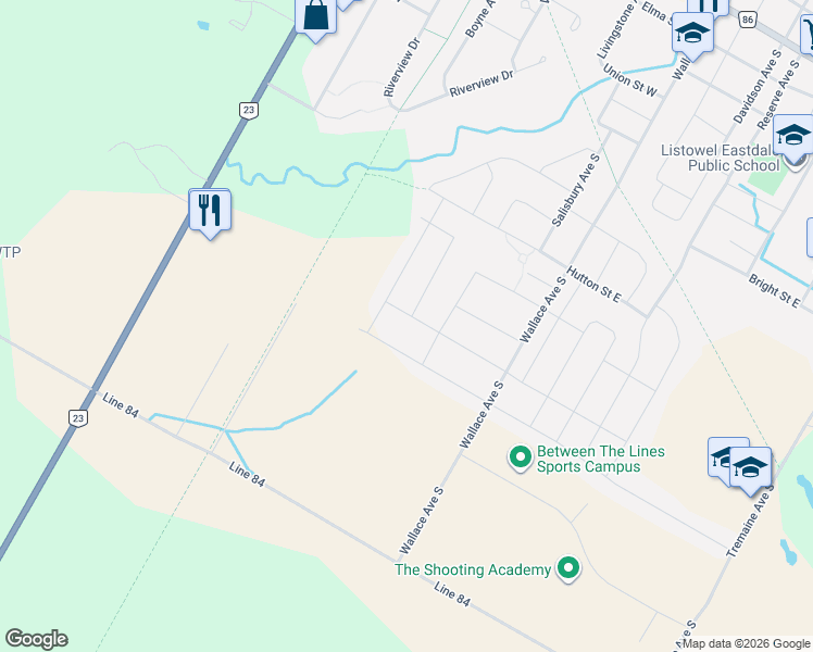 map of restaurants, bars, coffee shops, grocery stores, and more near 360 Armstrong Street West in Listowel