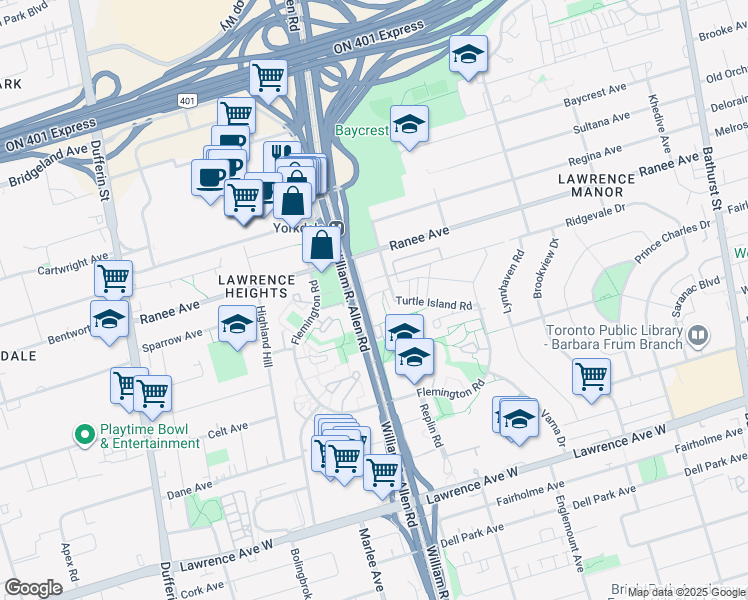 map of restaurants, bars, coffee shops, grocery stores, and more near 1 Leila Lane in Toronto