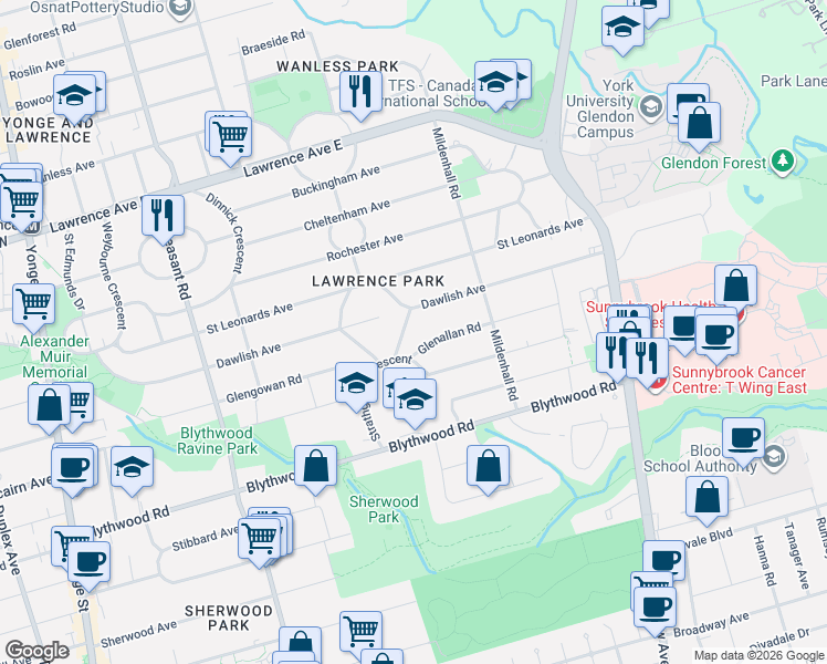 map of restaurants, bars, coffee shops, grocery stores, and more near 5 Fidelia Avenue in Toronto