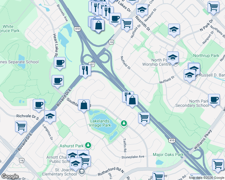 map of restaurants, bars, coffee shops, grocery stores, and more near 39 Seahorse Avenue in Brampton