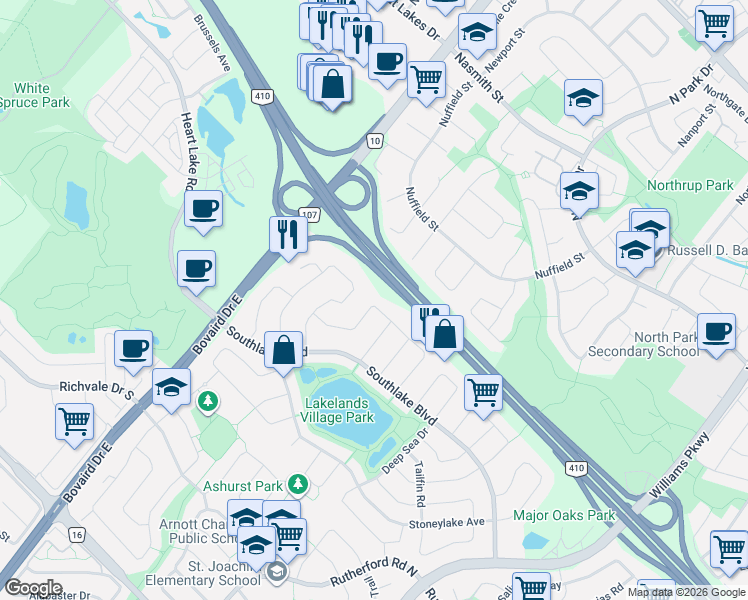 map of restaurants, bars, coffee shops, grocery stores, and more near 35 Seahorse Avenue in Brampton