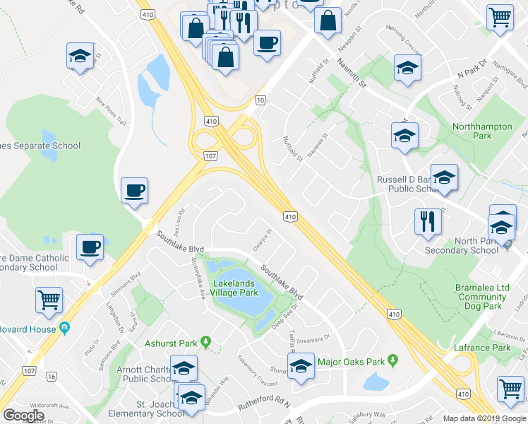 map of restaurants, bars, coffee shops, grocery stores, and more near 39 Seahorse Avenue in Brampton