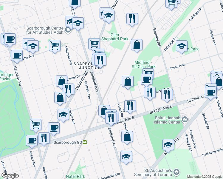 map of restaurants, bars, coffee shops, grocery stores, and more near 91 National Street in Toronto