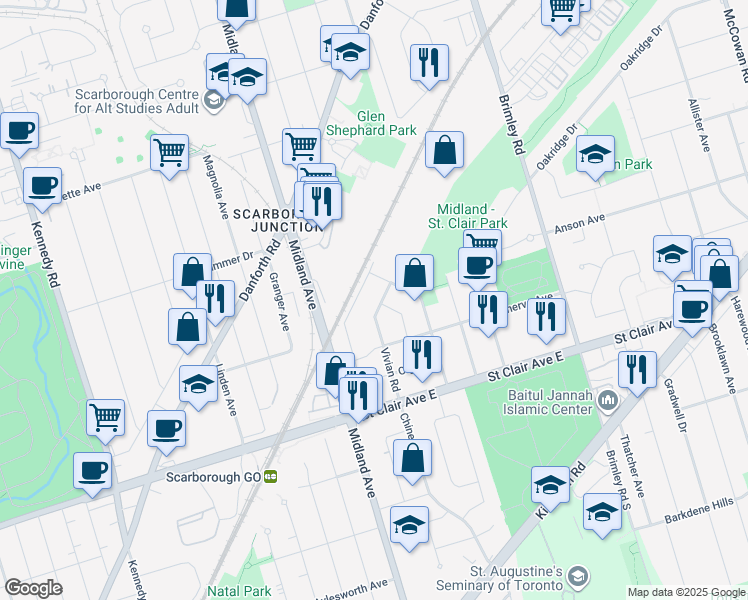 map of restaurants, bars, coffee shops, grocery stores, and more near 74 Vivian Road in Toronto
