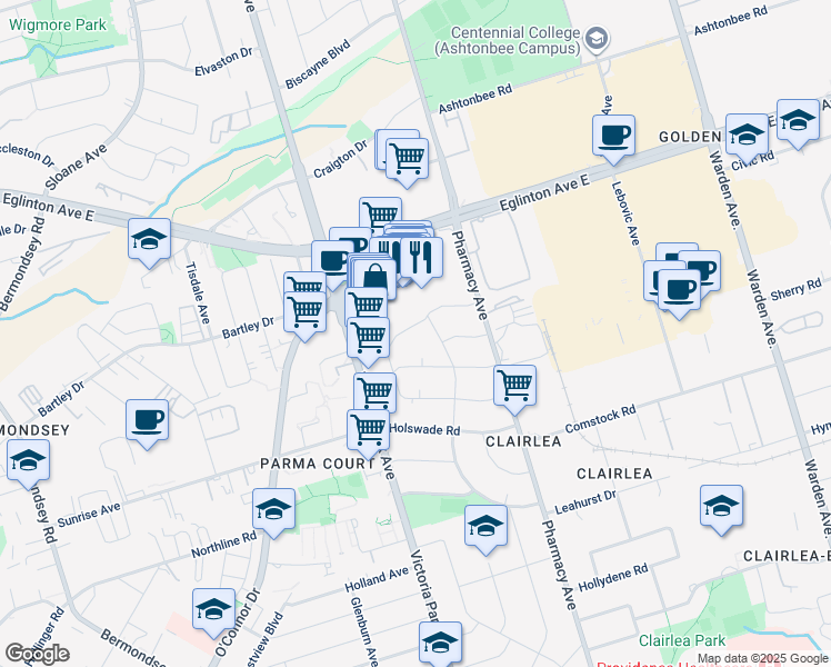 map of restaurants, bars, coffee shops, grocery stores, and more near 23 Engelhart Crescent in Toronto