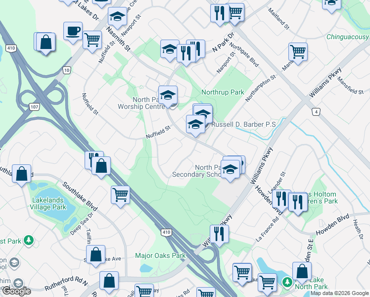 map of restaurants, bars, coffee shops, grocery stores, and more near 46 Nickel Crescent in Brampton