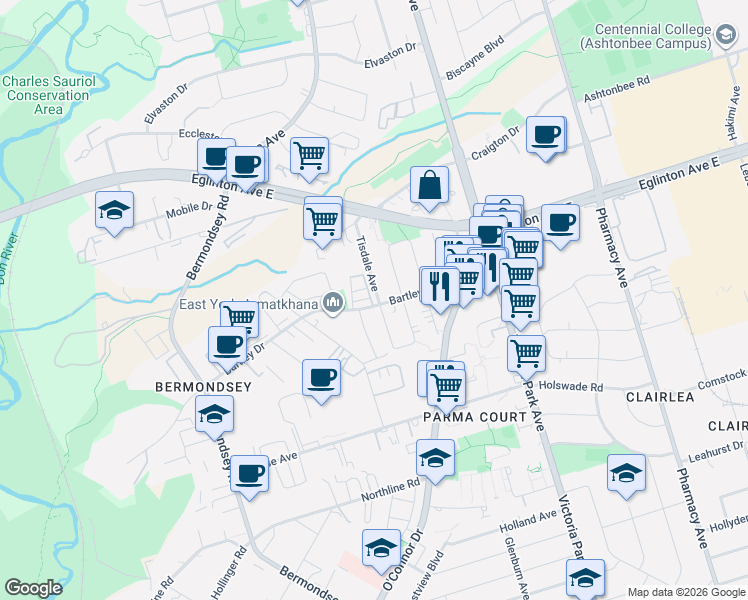 map of restaurants, bars, coffee shops, grocery stores, and more near 64A Tisdale Avenue in Toronto