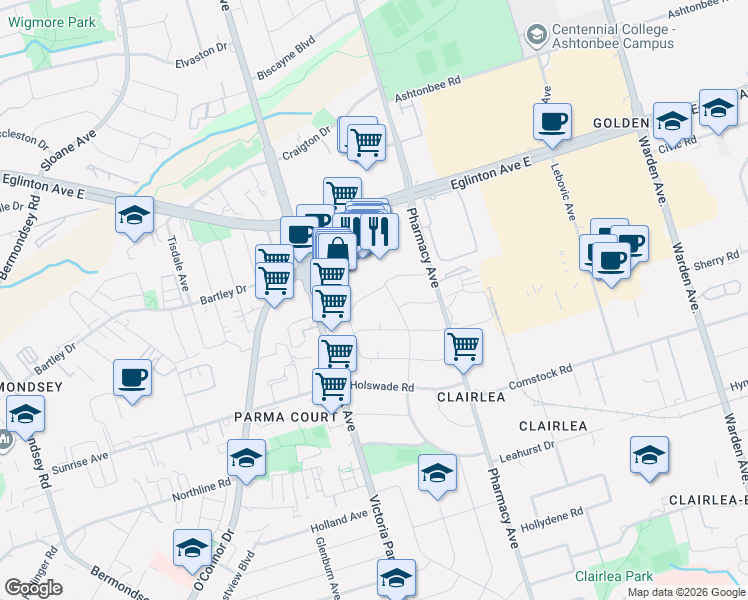 map of restaurants, bars, coffee shops, grocery stores, and more near in Toronto