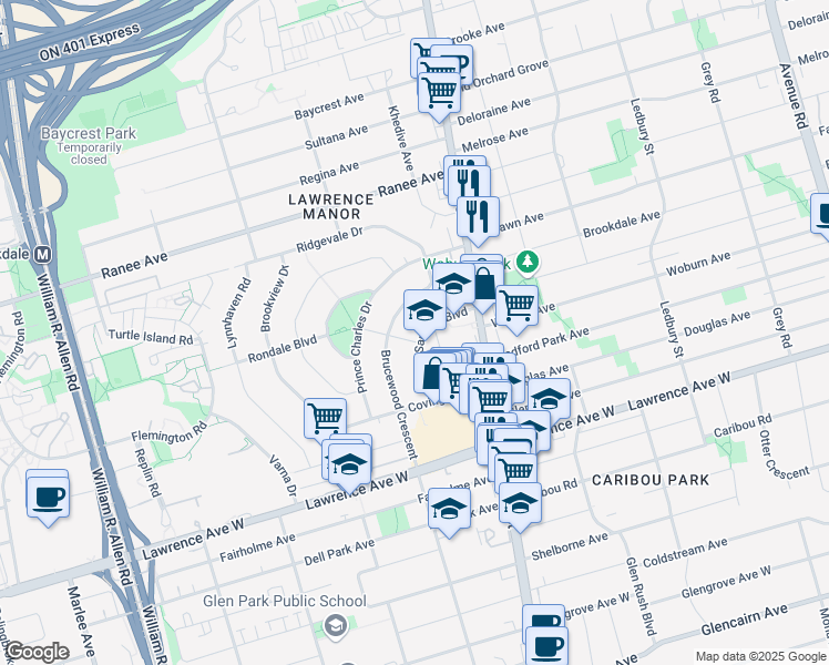 map of restaurants, bars, coffee shops, grocery stores, and more near in Toronto