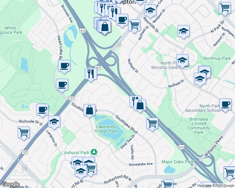 map of restaurants, bars, coffee shops, grocery stores, and more near in Brampton