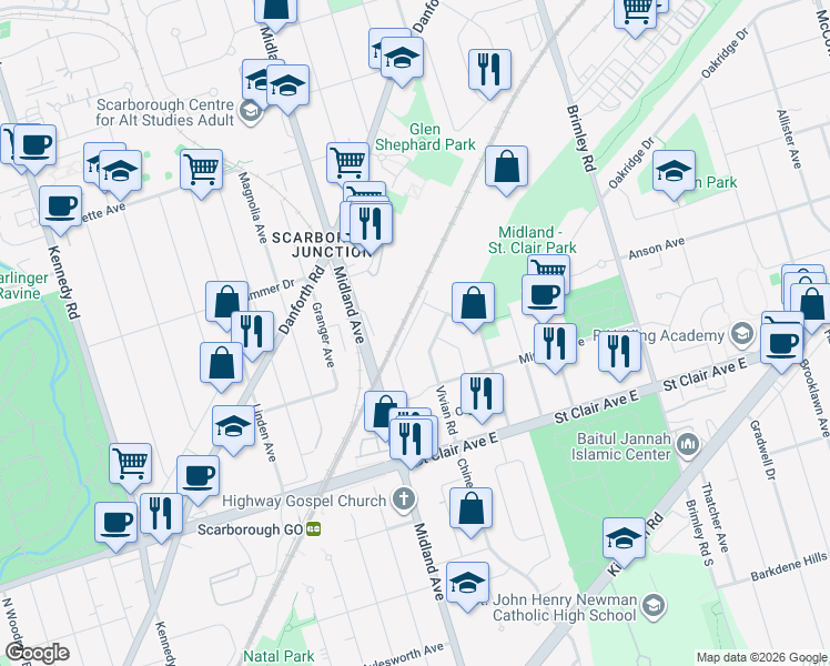 map of restaurants, bars, coffee shops, grocery stores, and more near 91 National Street in Toronto