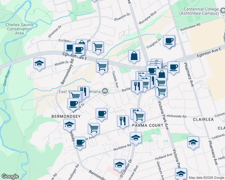 map of restaurants, bars, coffee shops, grocery stores, and more near 7 Case Ootes Drive in Toronto