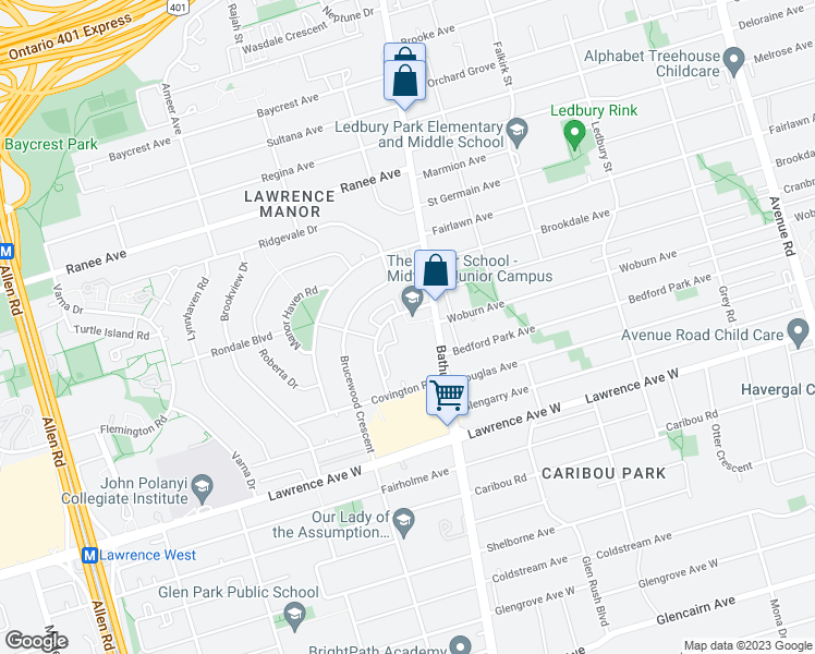 map of restaurants, bars, coffee shops, grocery stores, and more near in Toronto