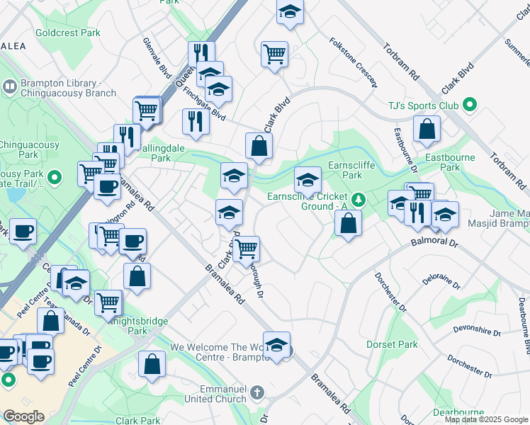 map of restaurants, bars, coffee shops, grocery stores, and more near 1 Earnscliffe Circle in Brampton