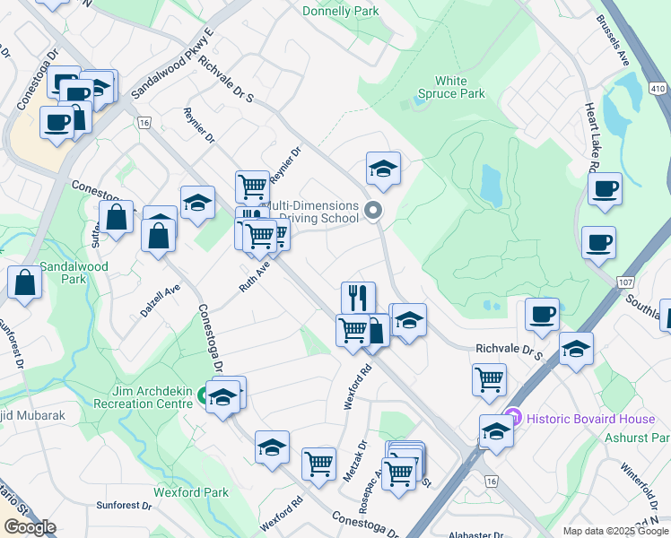 map of restaurants, bars, coffee shops, grocery stores, and more near 45 Cheviot Crescent in Brampton