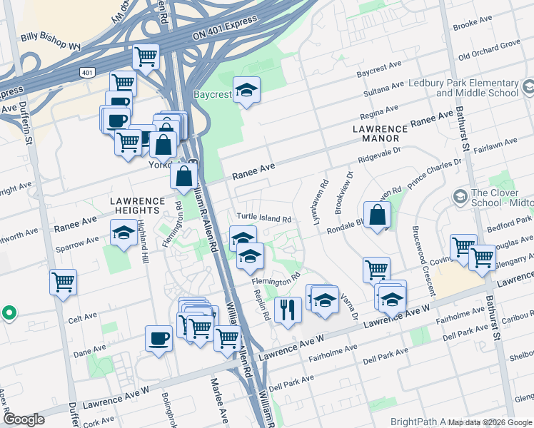 map of restaurants, bars, coffee shops, grocery stores, and more near 70 Turtle Island Road in Toronto