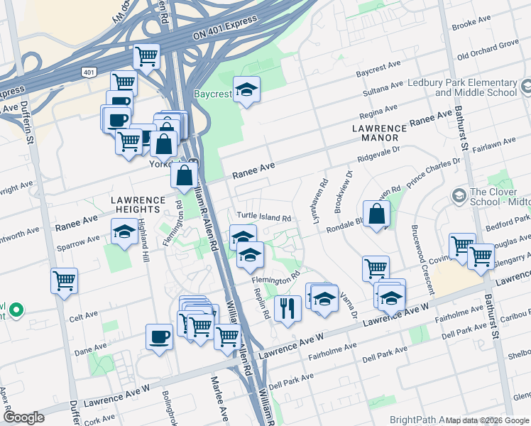 map of restaurants, bars, coffee shops, grocery stores, and more near in Toronto