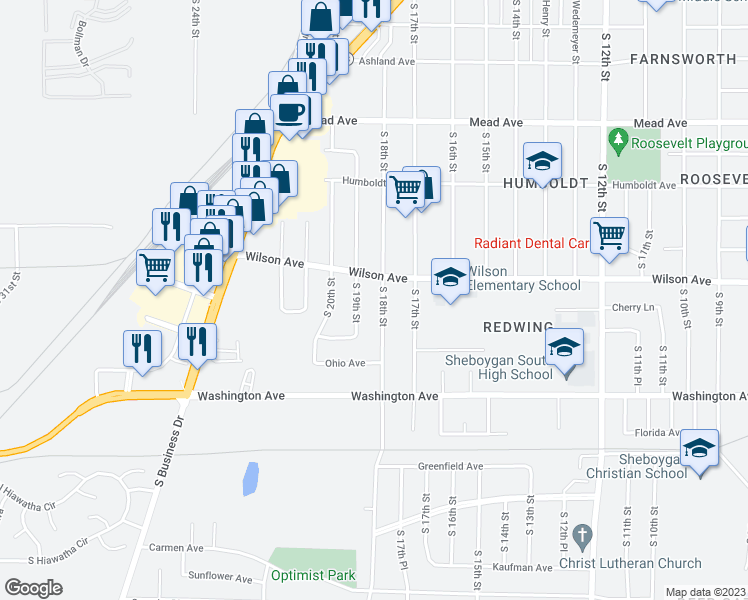 map of restaurants, bars, coffee shops, grocery stores, and more near 3109 South 18th Street in Sheboygan