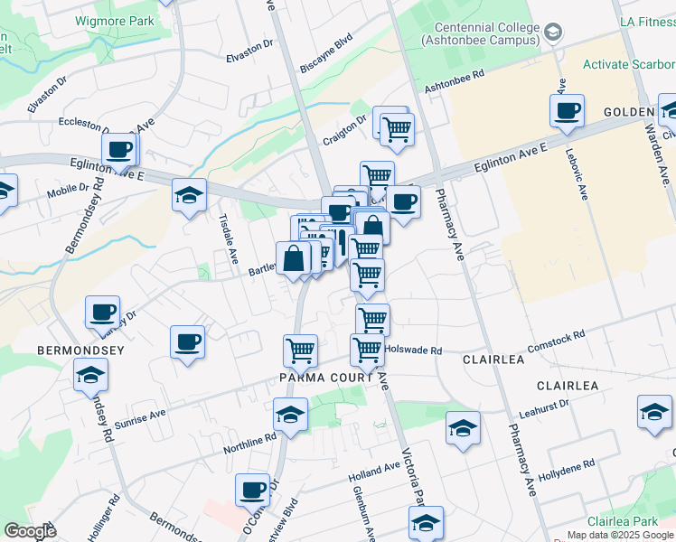 map of restaurants, bars, coffee shops, grocery stores, and more near 1468 Victoria Park Avenue in Toronto