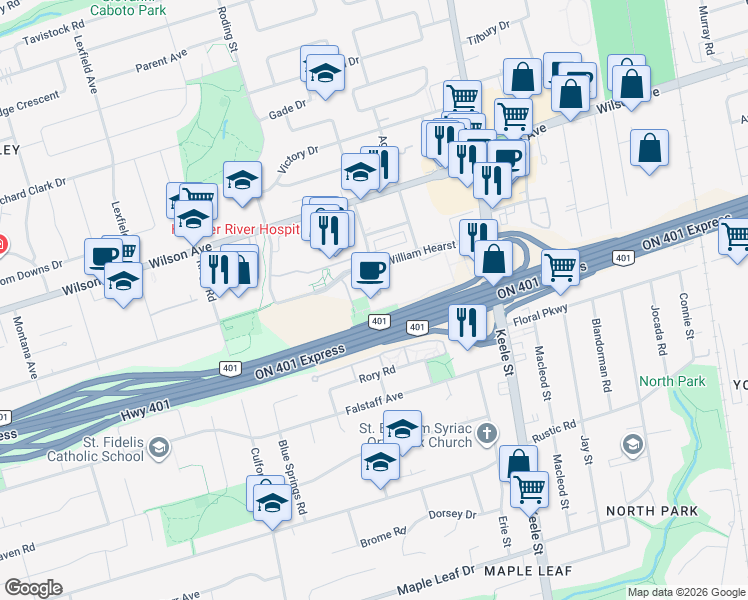 map of restaurants, bars, coffee shops, grocery stores, and more near 145 Sir William Hearst Avenue in Toronto