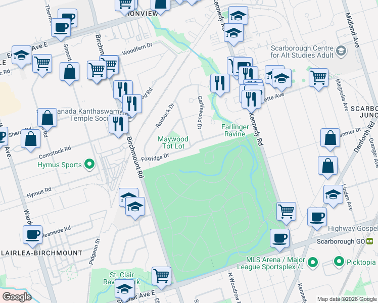 map of restaurants, bars, coffee shops, grocery stores, and more near 59 Foxridge Drive in Toronto